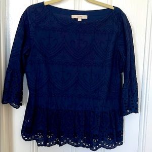 Loft navy blue peplum 3/4 length blouse